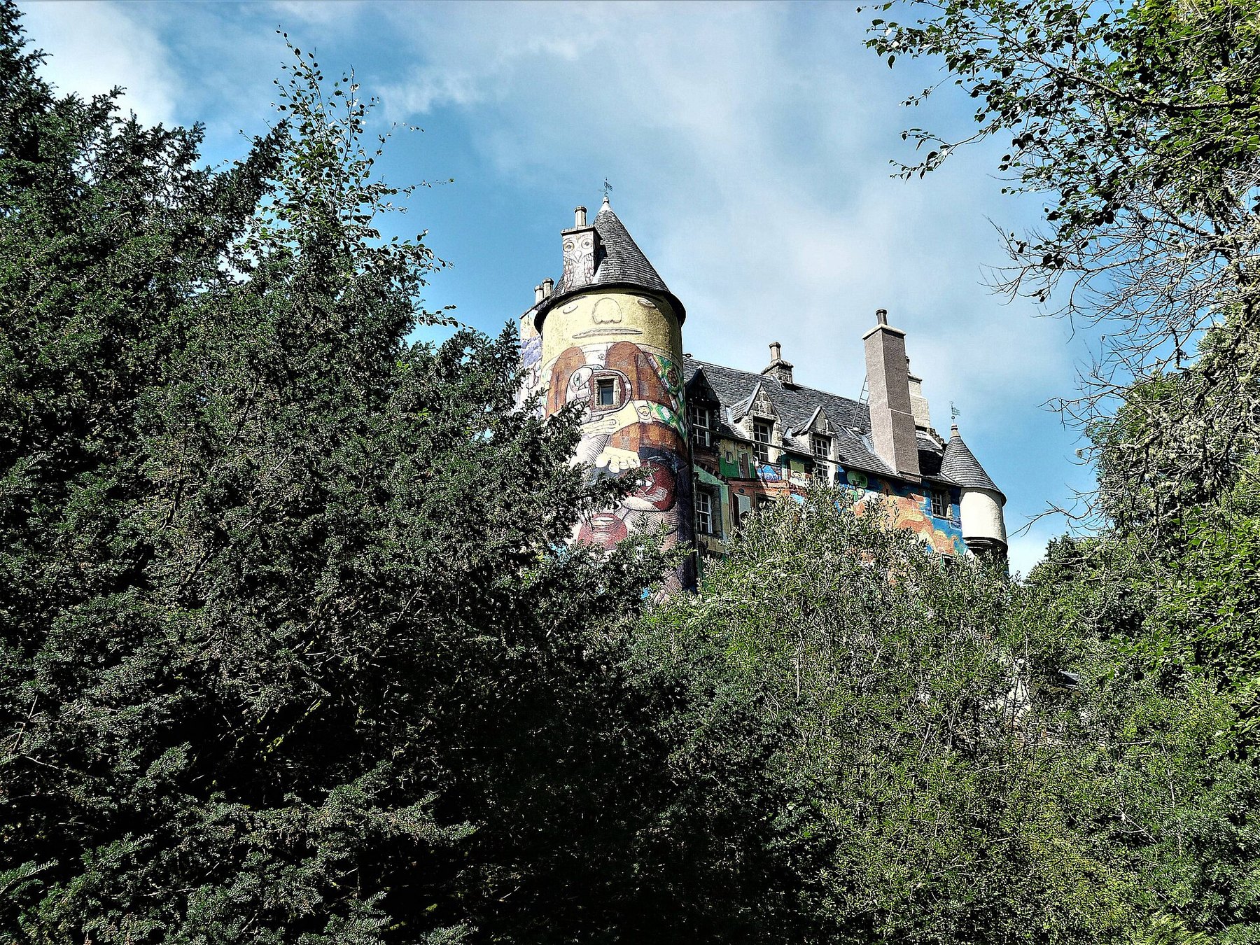 Kelburn Castle near Fairlie, with the Brazilian graffiti on the south towers.